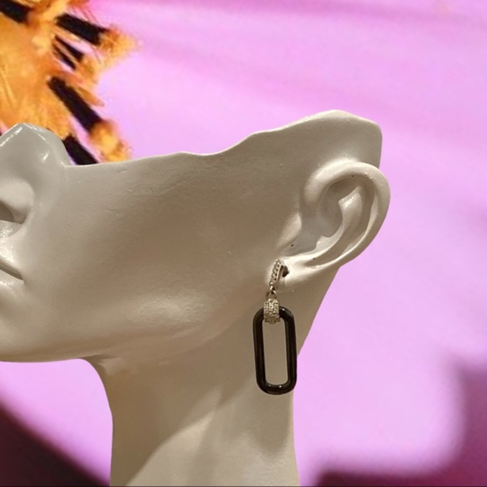 Black Cz Rectangular Link Drop Post Earrings With… - image 3